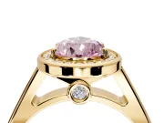 Halo Engagement Ring Setting for Fancy Pink Pear-Shaped Center with Outer Bezel Rim, Pave Band and Prong Head in Yellow Gold