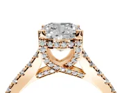 Solitaire Engagement Ring Setting for Cushion Cut Center with Widening Pave Band and Claw Prong Head in Rose Gold