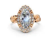 Halo Engagement Ring Setting for Marquise Center with Open Scroll Shoulders and Prong Head in Rose Gold