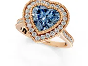 Halo Engagement Ring Setting for Fancy Blue Heart-Shaped Center with Milgrain Frame, Pave Band and Prong Head in Rose Gold
