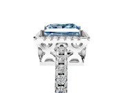 Accent Halo Engagement Ring Setting for Fancy Blue Princess Cut Center with Full-Length Pave Band and Prong Head in Platinum