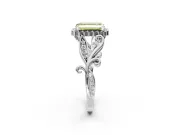 Halo Engagement Ring Setting for Fancy Yellow Emerald Cut Center with Leaf Motif Split Shank and Prong Head in Platinum