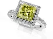 Halo Engagement Ring Setting for Fancy Yellow Princess Cut Center with Inner Milgrain Border and Prong Head in White Gold