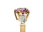 3 Stone Engagement Ring Setting for Fancy Pink Heart-Shaped Center with Baguette Accents and Prong Head in Yellow Gold