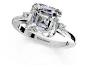 3 Stone Engagement Ring Setting for Asscher Cut Center with Low-Set Round Cut Accents and Prong Head in Platinum