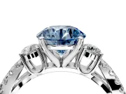 3 Stone Engagement Ring Setting for Fancy Blue Round Cut Center with Pave Split Shank and Prong Head in Sterling Silver