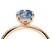 Hidden Halo Engagement Ring Setting for Fancy Blue Cushion Cut Center with Thin Rounded Band and Prong Head in Rose Gold