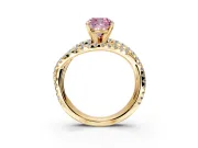 Solitaire Engagement Ring Setting for Fancy Pink Cushion Cut Center with Woven 3-Strand Pave Band and Prong Head in Yellow Gold