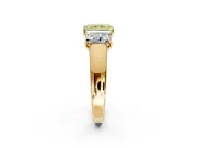3 Stone Engagement Ring Setting for Fancy Yellow Radiant Cut Center with Raised Basket Heads and Prong Head in Yellow Gold