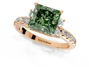 Paired Accent Engagement Ring Setting for Fancy Green Princess Cut Center with Pave Band and Prong Head in Rose Gold