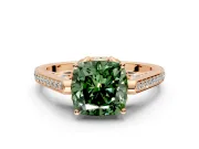 Cathedral Engagement Ring Setting for Fancy Green Cushion Cut Center with Antique-Style Pave Band and Prong Head in Rose Gold