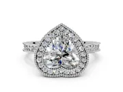 Halo Engagement Ring Setting for Heart-Shaped Center with Milgrain Pave Band and Bezel Head in White Gold