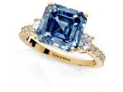 3 Stone Engagement Ring Setting for Fancy Blue Asscher Cut Center with Round Cut Side Accents and Prong Head in Yellow Gold