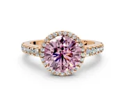 Halo Engagement Ring Setting for Fancy Pink Round Cut Center with Full Pave Band and Prong Head in Rose Gold