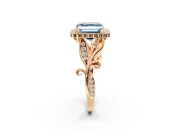 Halo Engagement Ring Setting for Fancy Blue Asscher Cut Center with Leaf Motif Split Shank and Prong Head in Rose Gold