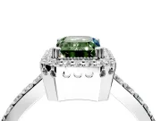 Halo Engagement Ring Setting for Fancy Green Emerald Cut Center with Inner Milgrain Border and Prong Head in Platinum