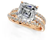 Solitaire Engagement Ring Setting for Asscher Cut Center with Woven 3-Strand Pave Band and Prong Head in Rose Gold