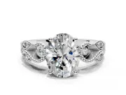 Leaf Engagement Ring Setting for Oval Center with Milgrain Accent Band and Prong Head in Sterling Silver