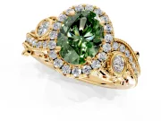 Milgrain Halo Engagement Ring Setting for Fancy Green Oval Center with Shoulder Bezels and Prong Head in Yellow Gold