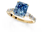 Baguette Engagement Ring Setting for Fancy Blue Radiant Cut Center with Alternating Bar-Set Band and Prong Head in Yellow Gold