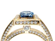 Halo Engagement Ring Setting for Fancy Blue Emerald Cut Center with Framed Halo, Pave Band and Prong Head in Yellow Gold