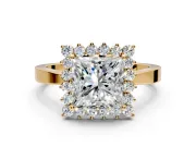 Starburst Halo Engagement Ring Setting for Princess Cut Center with Flat Cathedral Band and Prong Head in Yellow Gold