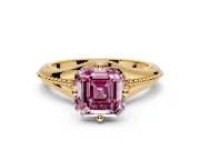 Solitaire Engagement Ring Setting for Fancy Pink Asscher Cut Center with Milgrain Cathedral Band and Prong Head in Yellow Gold
