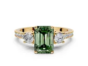 3 Stone Engagement Ring Setting for Fancy Green Emerald Cut Center with Round Cut Side Accents and Prong Head in Yellow Gold