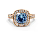 Halo Engagement Ring Setting for Fancy Blue Cushion Cut Center with Milgrain Pave Band and Bezel Head in Rose Gold