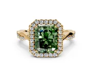 Halo Engagement Ring Setting for Fancy Green Radiant Cut Center with Twist Band and Prong Head in Yellow Gold