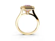 Halo Engagement Ring Setting for Fancy Pink Princess Cut Center with Milgrain Frame, Pave Band and Prong Head in Yellow Gold