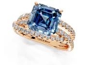 Solitaire Engagement Ring Setting for Fancy Blue Asscher Cut Center with Woven 3-Strand Pave Band and Prong Head in Rose Gold