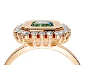 Halo Engagement Ring Setting for Fancy Green Emerald Cut Center with Milgrain Bezel Rim, Plain Band and Prong Head in Rose Gold
