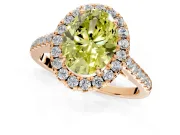 Halo Engagement Ring Setting for Fancy Yellow Oval Center with Narrowing Pave Band and Prong Head in Rose Gold