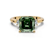 3 Stone Engagement Ring Setting for Fancy Green Asscher Cut Center with Wide Plain Band and Prong Head in Yellow Gold