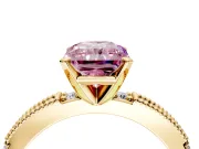 Solitaire Engagement Ring Setting for Fancy Pink Radiant Cut Center with Milgrain-Edged Pave Band and Prong Head in Yellow Gold