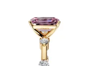 Solitaire Engagement Ring Setting for Fancy Pink Emerald Cut Center with Bezel Station Band and Prong Head in Yellow Gold