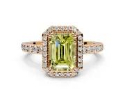 Halo Engagement Ring Setting for Fancy Yellow Emerald Cut Center with Inner Milgrain Border and Prong Head in Rose Gold