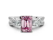 3 Stone Engagement Ring Setting for Fancy Pink Emerald Cut Center with Pave Split Shank and Prong Head in Platinum