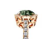 Accent Halo Engagement Ring Setting for Fancy Green Round Cut Center with Full-Length Pave Band and Prong Head in Rose Gold