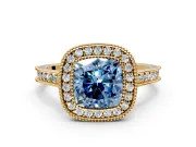 Halo Engagement Ring Setting for Fancy Blue Cushion Cut Center with Milgrain Pave Band and Bezel Head in Yellow Gold