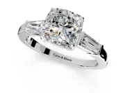 3 Stone Engagement Ring Setting for Cushion Cut Center with Baguette Accents and Prong Head in White Gold
