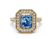 Halo Engagement Ring Setting for Fancy Blue Radiant Cut Center with Milgrain Frame, Pave Band and Prong Head in Yellow Gold