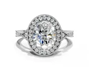 Halo Engagement Ring Setting for Oval Center with Milgrain Rim, Pave Band and Prong Head in Sterling Silver