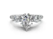 3 Stone Engagement Ring Setting for Pear-Shaped Center with Crossover Basket, Pave Band and Prong Head in Platinum