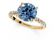 Solitaire Engagement Ring Setting for Fancy Blue Round Cut Center with Fine Pave Narrow Band and Prong Head in Yellow Gold