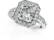 Bezel-Framed Halo Engagement Ring Setting for Radiant Cut Center with Pave Band and Prong Head in Platinum