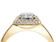 Halo Engagement Ring Setting for Emerald Cut Center with Plain Tapered Band and Prong Head in Yellow Gold