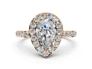 Halo Engagement Ring Setting for Pear-Shaped Center with Heart-Shaped Openwork, Pave Band and Prong Head in Rose Gold