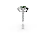 Bezel-Framed Halo Engagement Ring Setting for Fancy Green Pear-Shaped Center with Pave Band and Prong Head in Platinum
